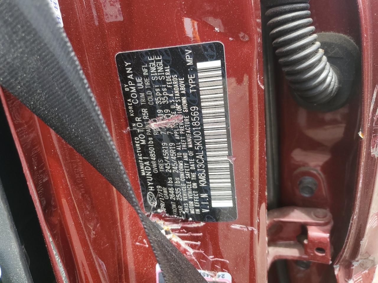 KM8J3CAL5KU018569 2019 Hyundai Tucson Limited