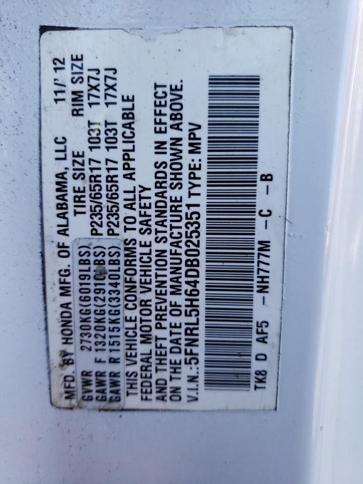 5FNRL5H64DB025351 2013 Honda Odyssey Exl