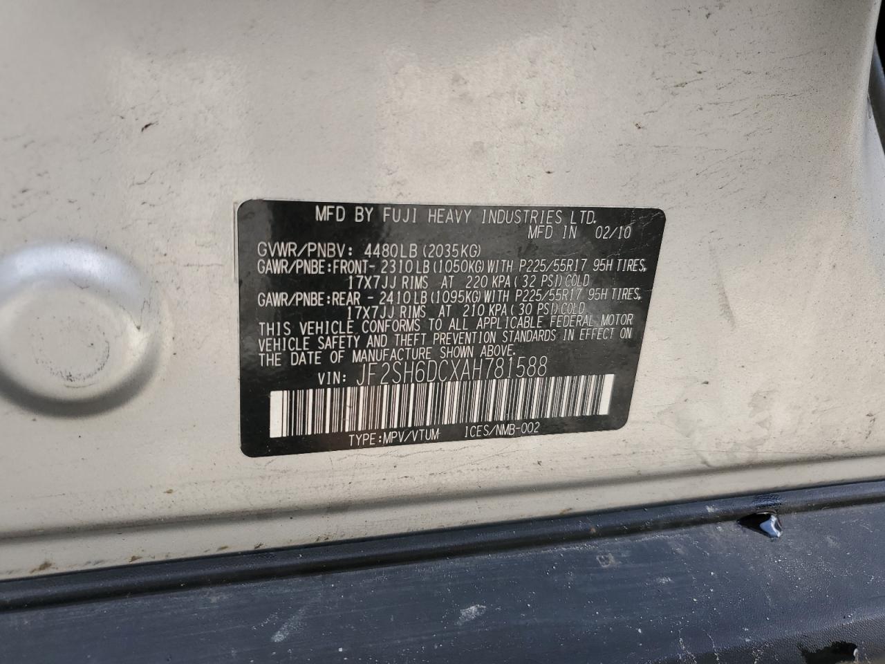 JF2SH6DCXAH781588 2010 Subaru Forester 2.5X Limited