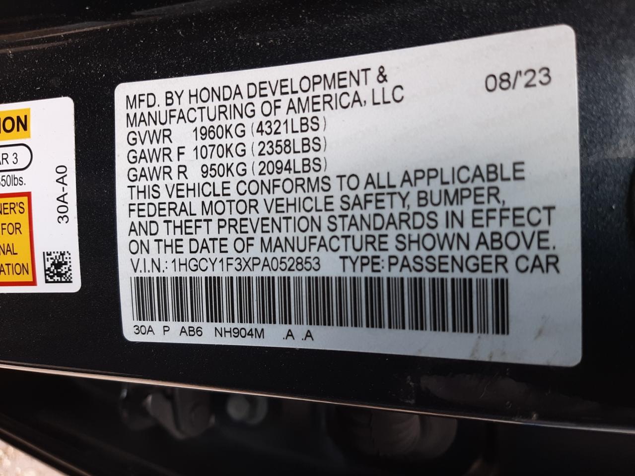 1HGCY1F3XPA052853 2023 Honda Accord Ex