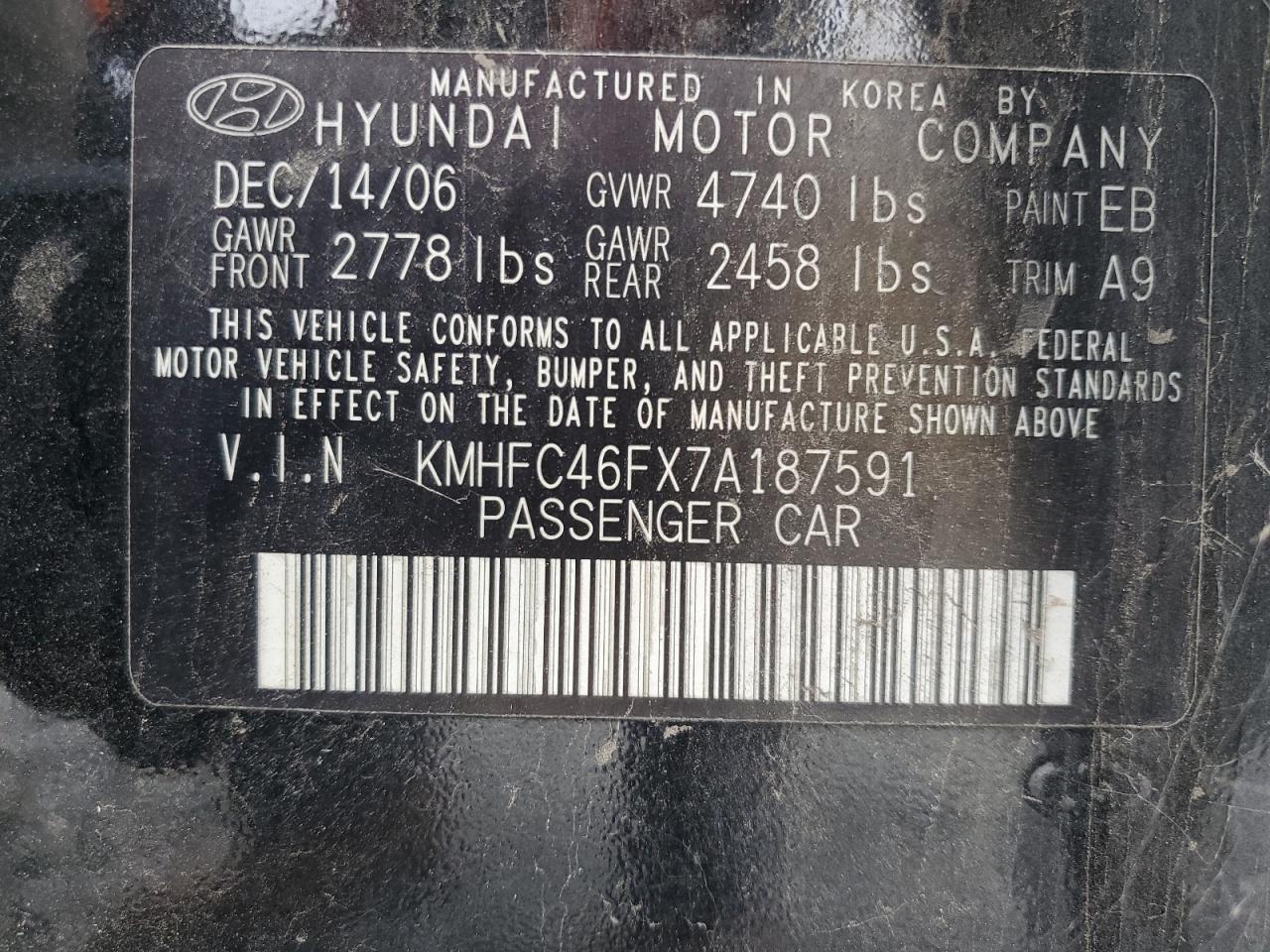 KMHFC46FX7A187591 2007 Hyundai Azera Se