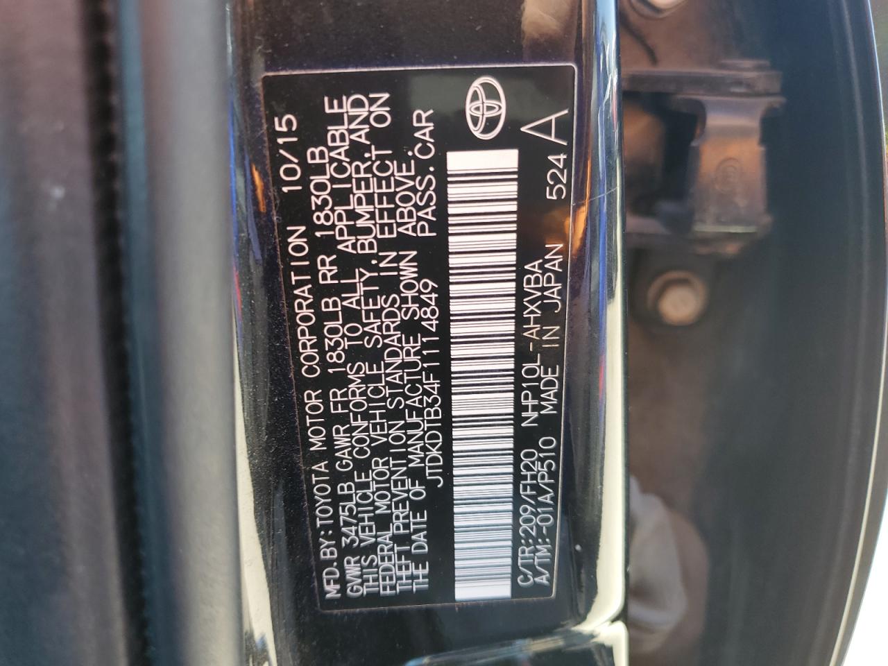 JTDKDTB34F1114849 2015 Toyota Prius C