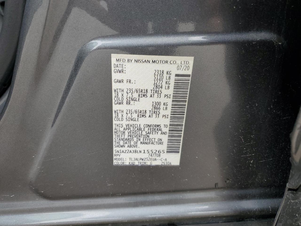 5N1AZ2AJ8LN155265 2020 Nissan Murano S