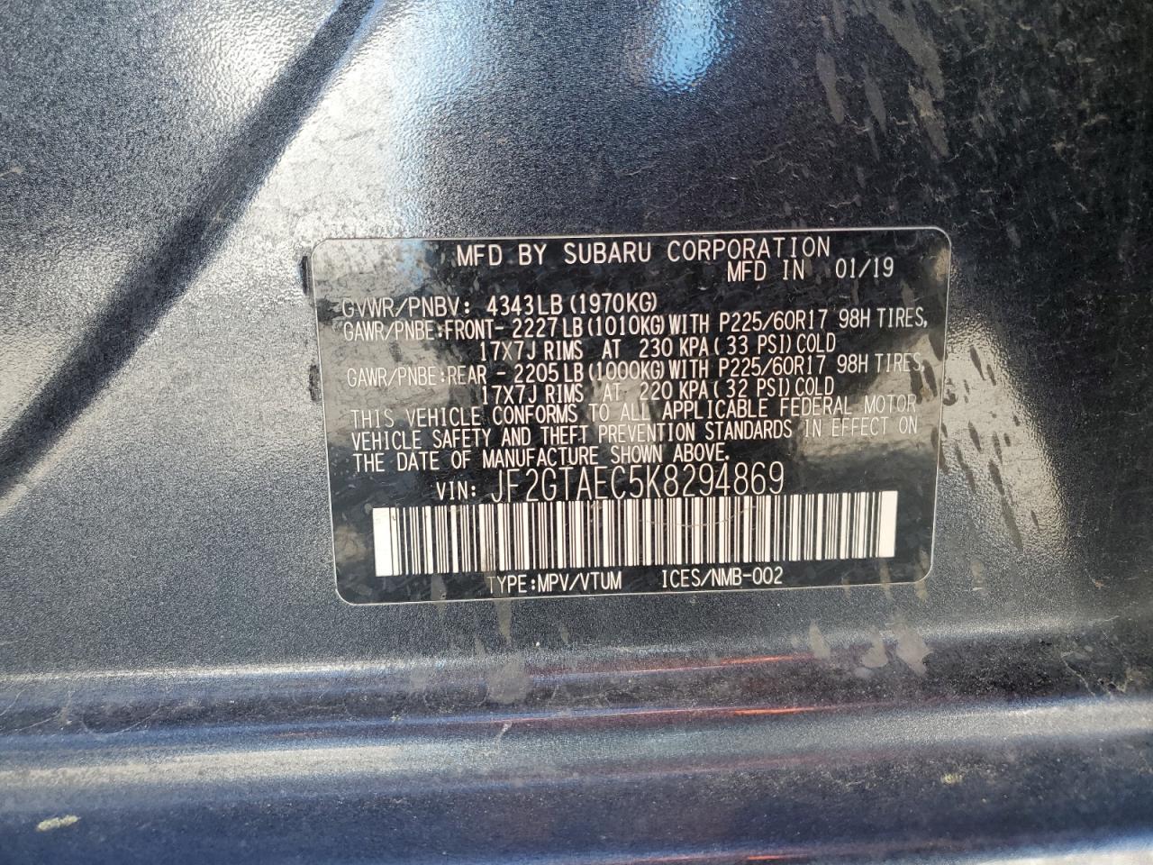 JF2GTAEC5K8294869 2019 Subaru Crosstrek Premium