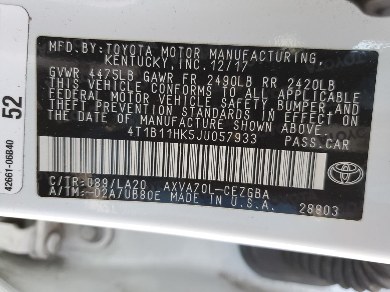 4T1B11HK5JU057933 2018 Toyota Camry L