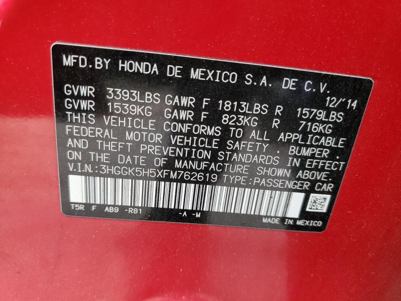 3HGGK5H5XFM762619 2015 Honda Fit Lx