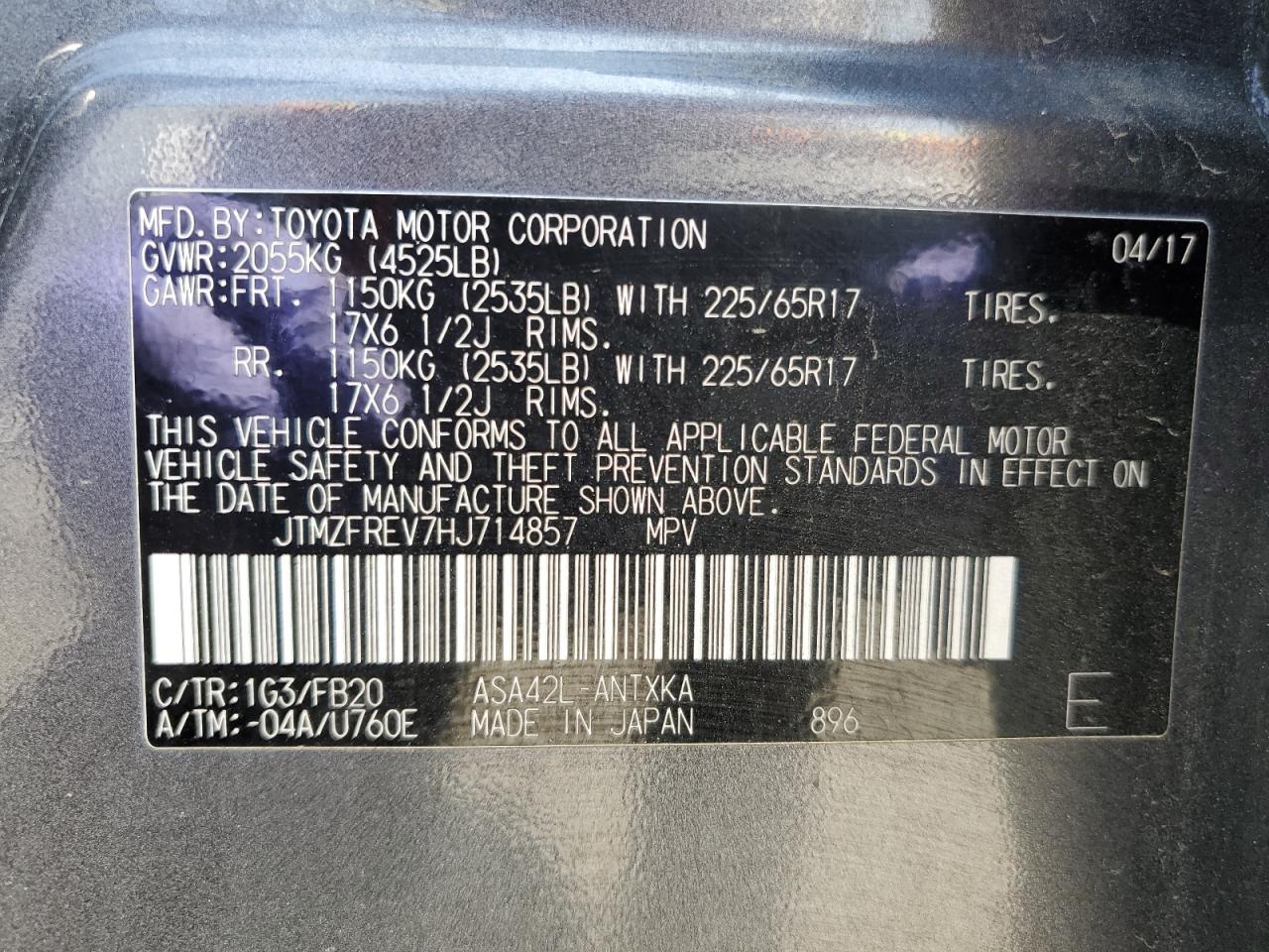 JTMZFREV7HJ714857 2017 Toyota Rav4 Le