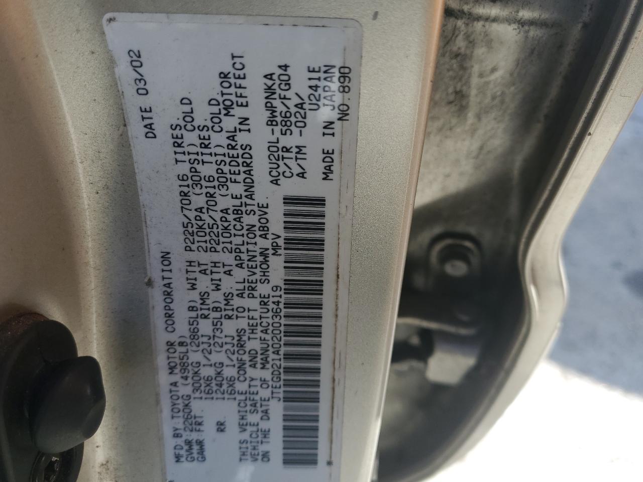 JTEGD21A020036419 2002 Toyota Highlander