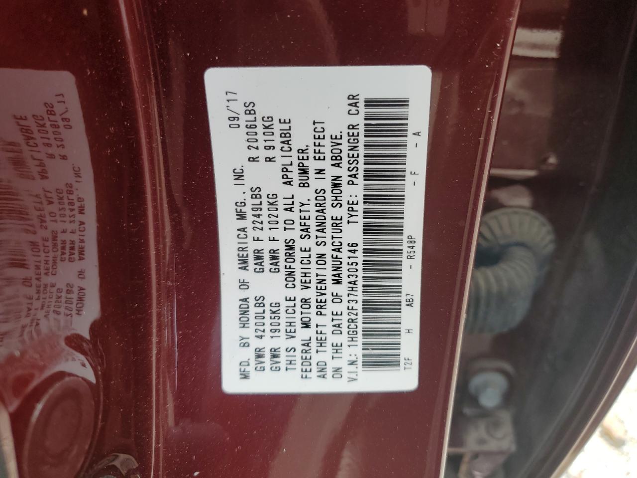 1HGCR2F37HA305146 2017 Honda Accord Lx