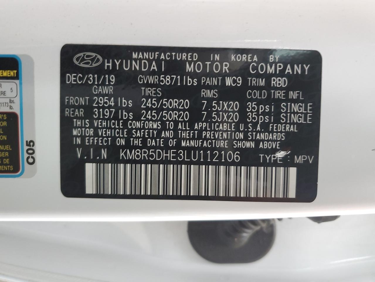 KM8R5DHE3LU112106 2020 Hyundai Palisade Limited