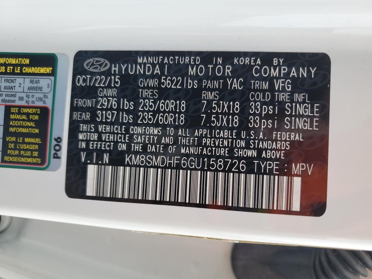 KM8SMDHF6GU158726 2016 Hyundai Santa Fe Se