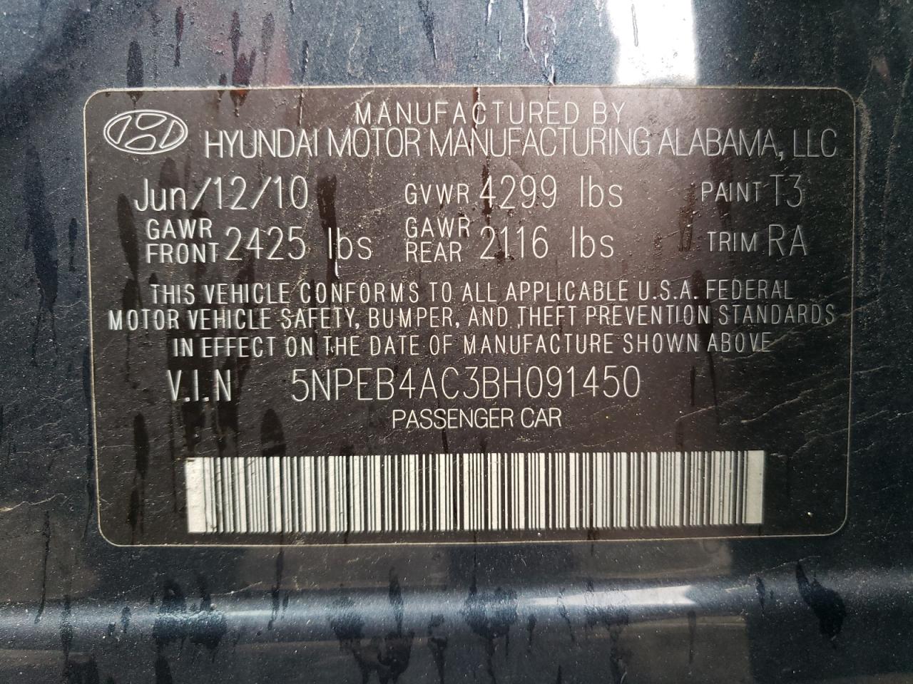 5NPEB4AC3BH091450 2011 Hyundai Sonata Gls