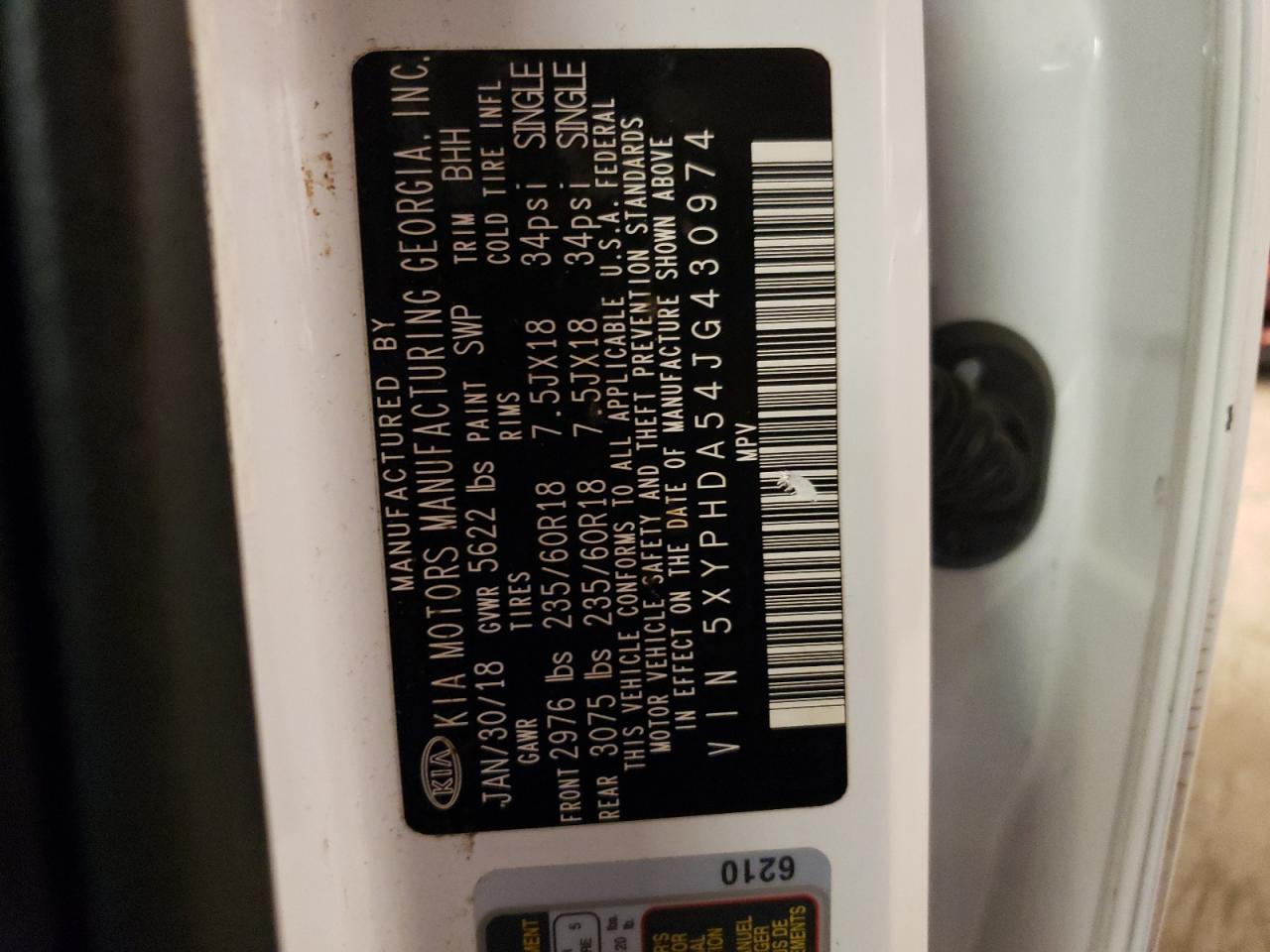 5XYPHDA54JG430974 2018 Kia Sorento Ex