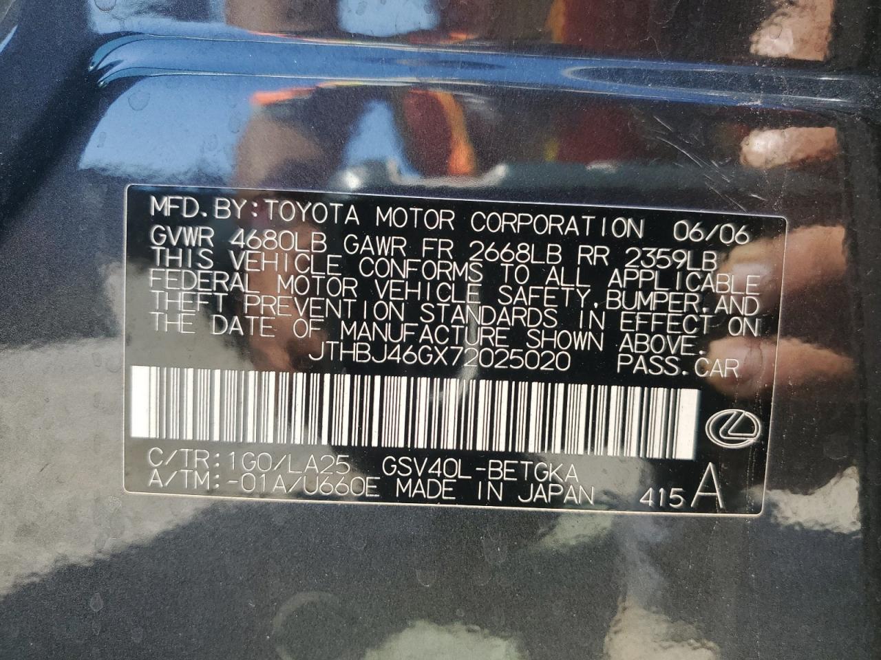 JTHBJ46GX72025020 2007 Lexus Es 350