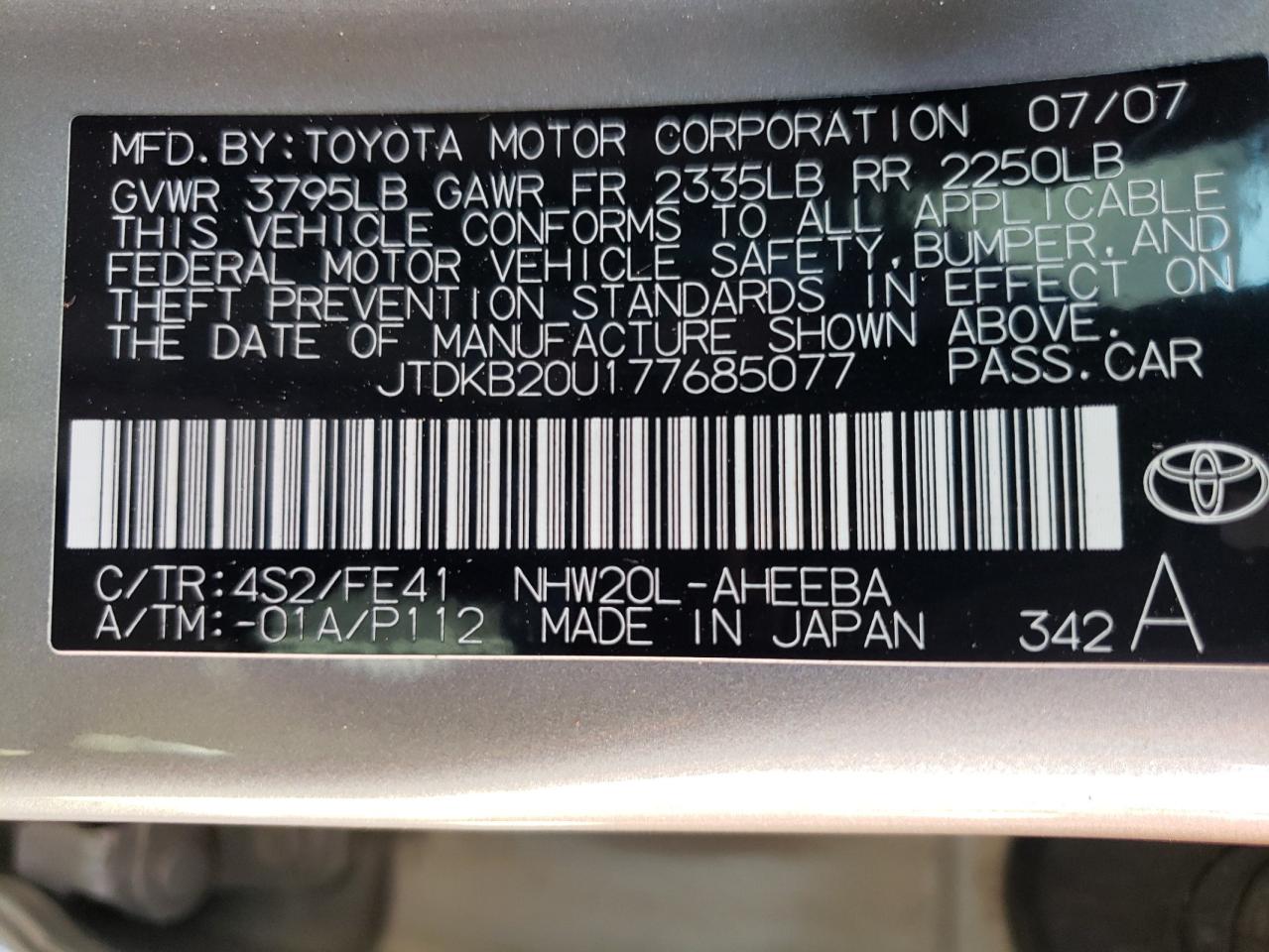 JTDKB20U177685077 2007 Toyota Prius