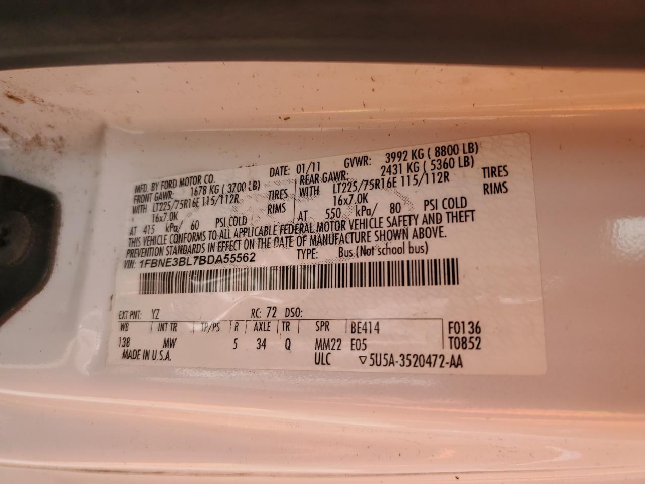 1FBNE3BL7BDA55562 2011 Ford Econoline E350 Super Duty Wagon