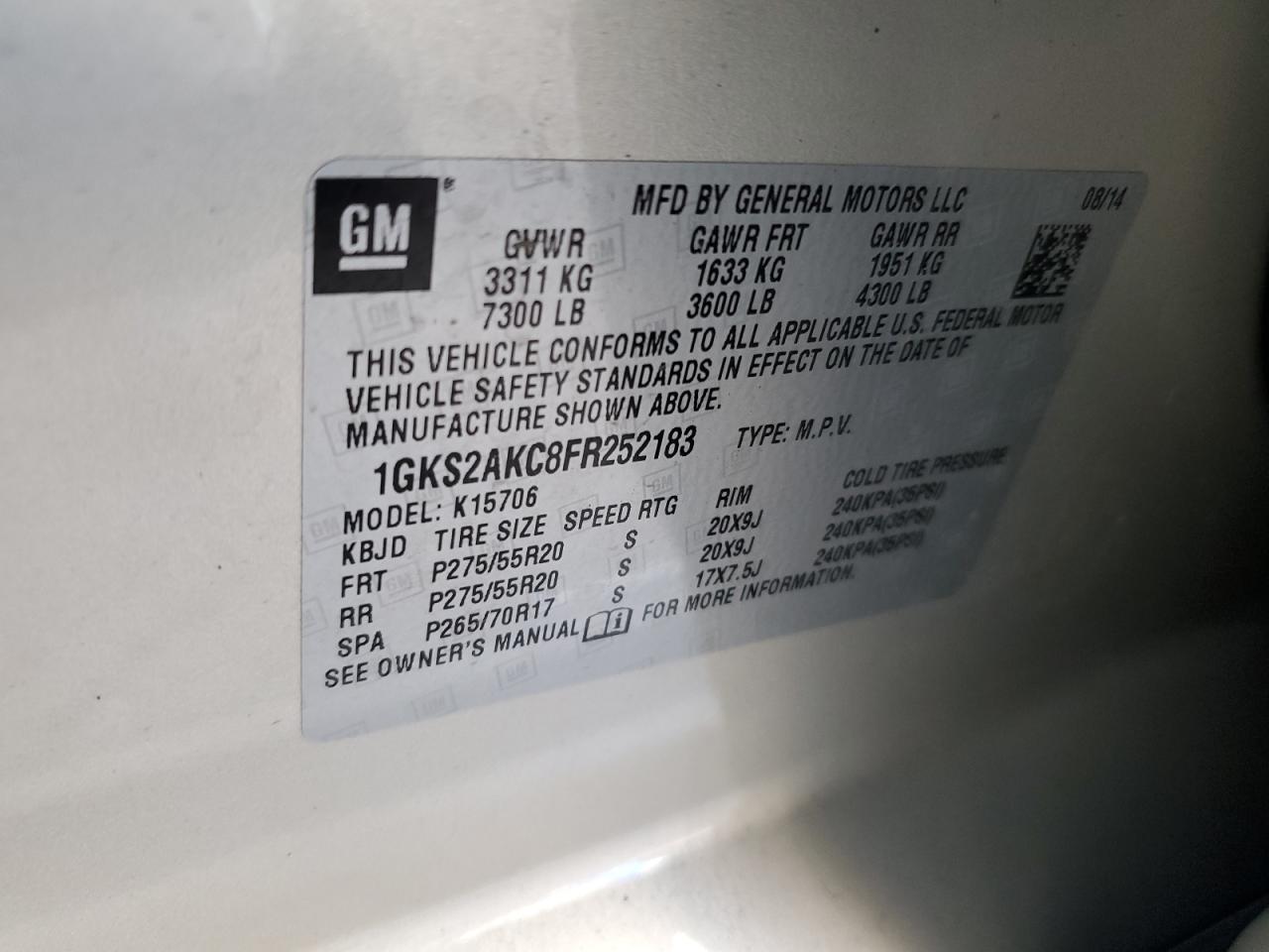 1GKS2AKC8FR252183 2015 GMC Yukon Sle