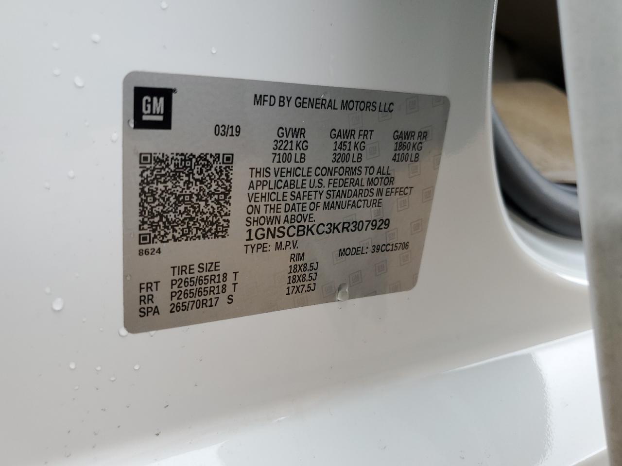 1GNSCBKC3KR307929 2019 Chevrolet Tahoe C1500 Lt