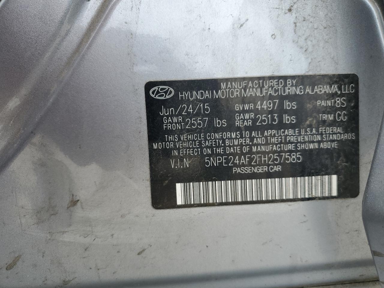 5NPE24AF2FH257585 2015 Hyundai Sonata Se