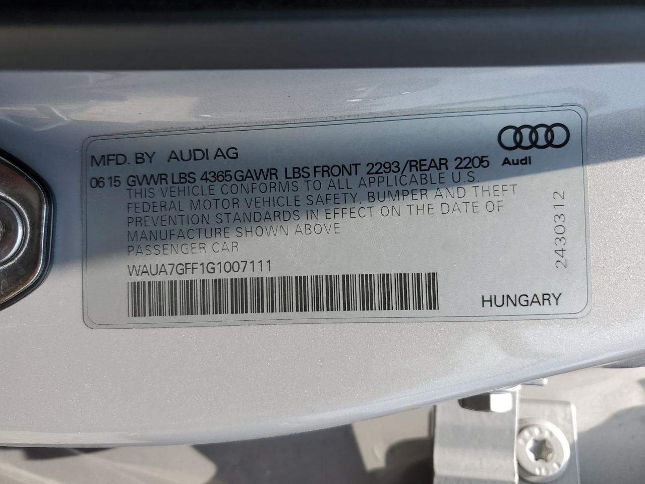 WAUA7GFF1G1007111 2016 Audi A3 Premium