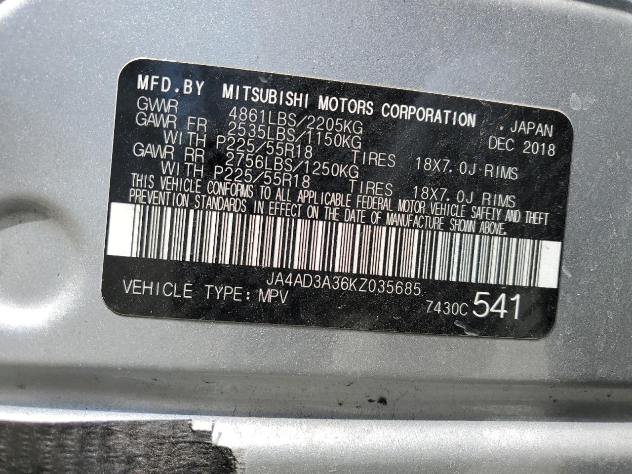 JA4AD3A36KZ035685 2019 Mitsubishi Outlander Se