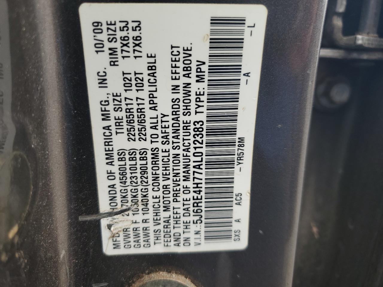 5J6RE4H77AL012383 2010 Honda Cr-V Exl