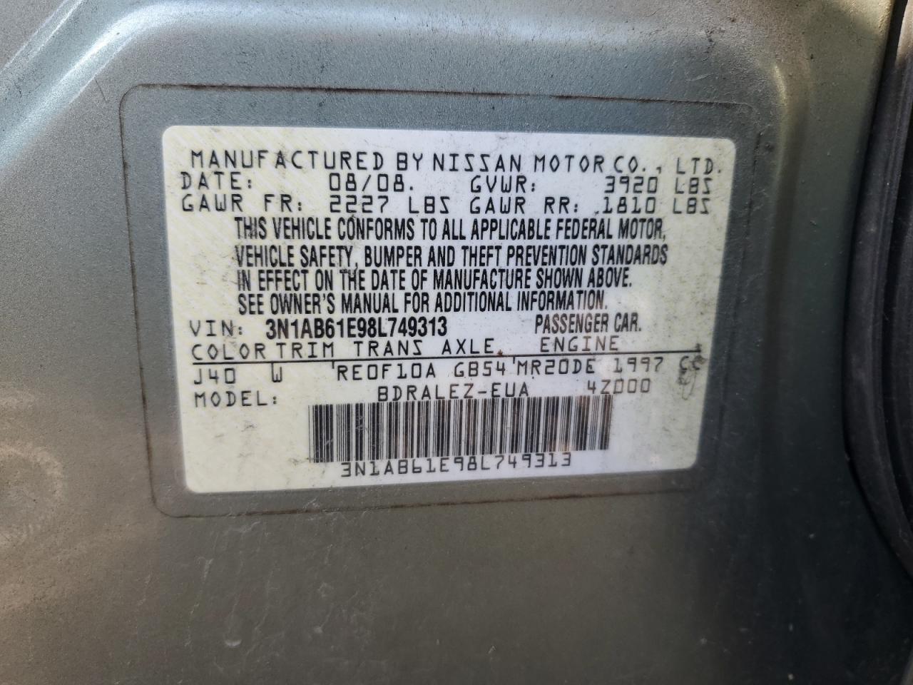 3N1AB61E98L749313 2008 Nissan Sentra 2.0