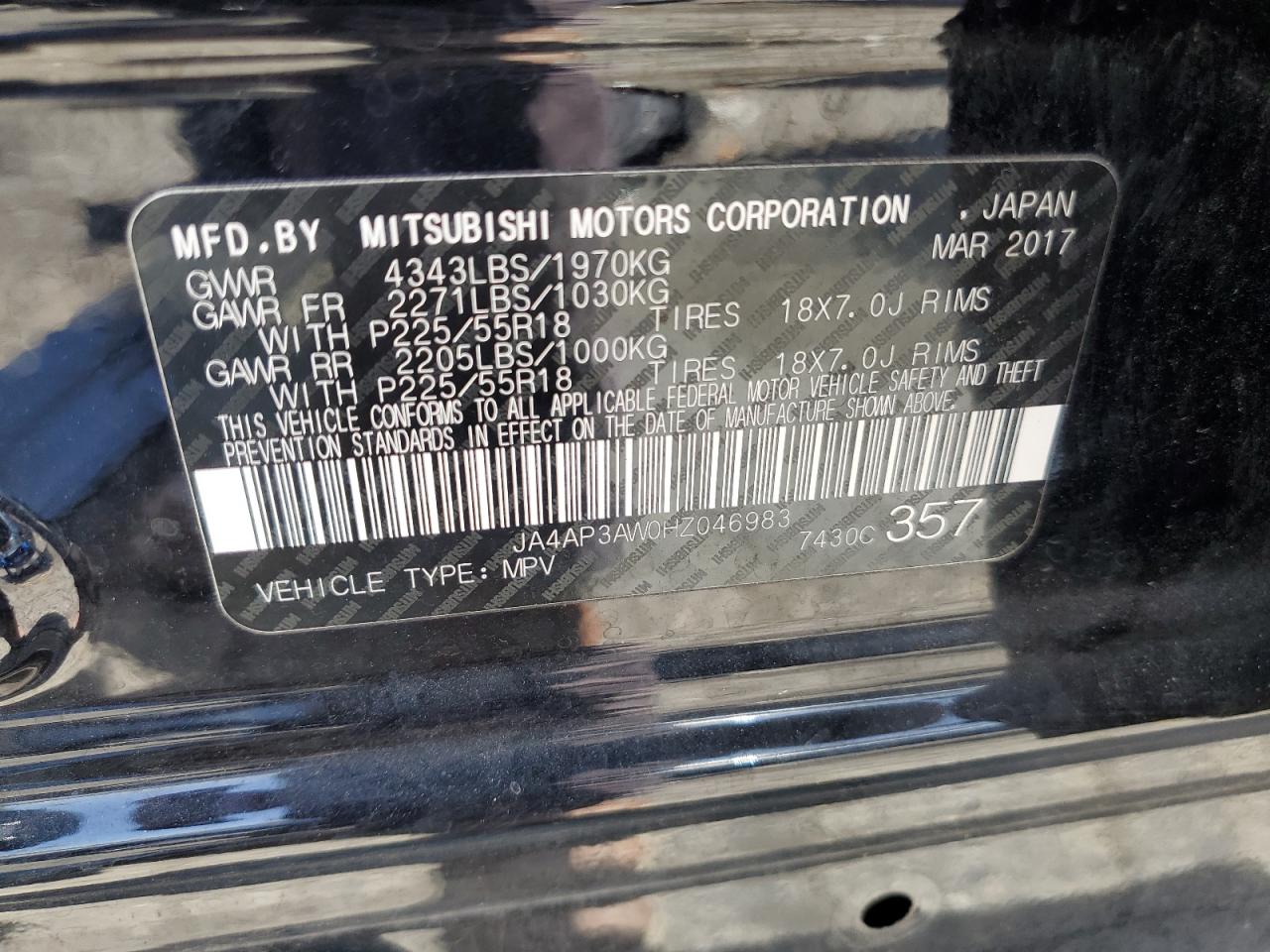 JA4AP3AW0HZ046983 2017 Mitsubishi Outlander Sport Es