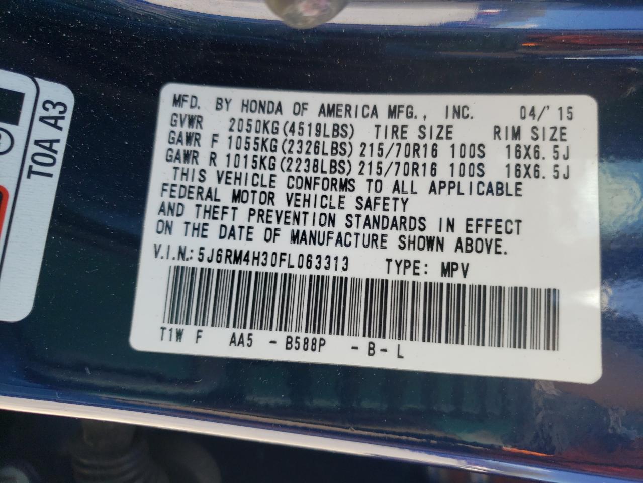 5J6RM4H30FL063313 2015 Honda Cr-V Lx