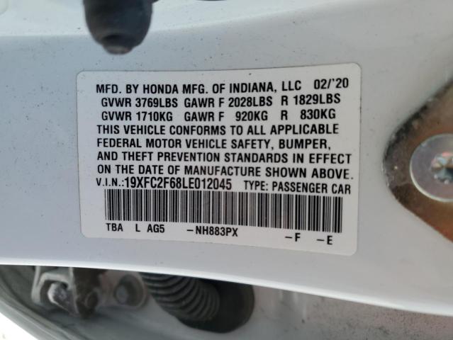 2020 Honda Civic Lx VIN: 19XFC2F68LE012045 Lot: 53577384