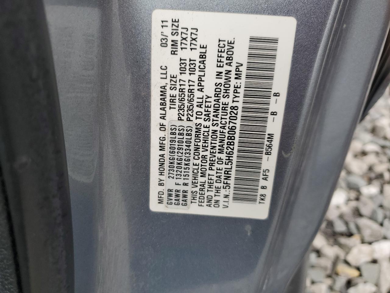 5FNRL5H62BB067028 2011 Honda Odyssey Exl