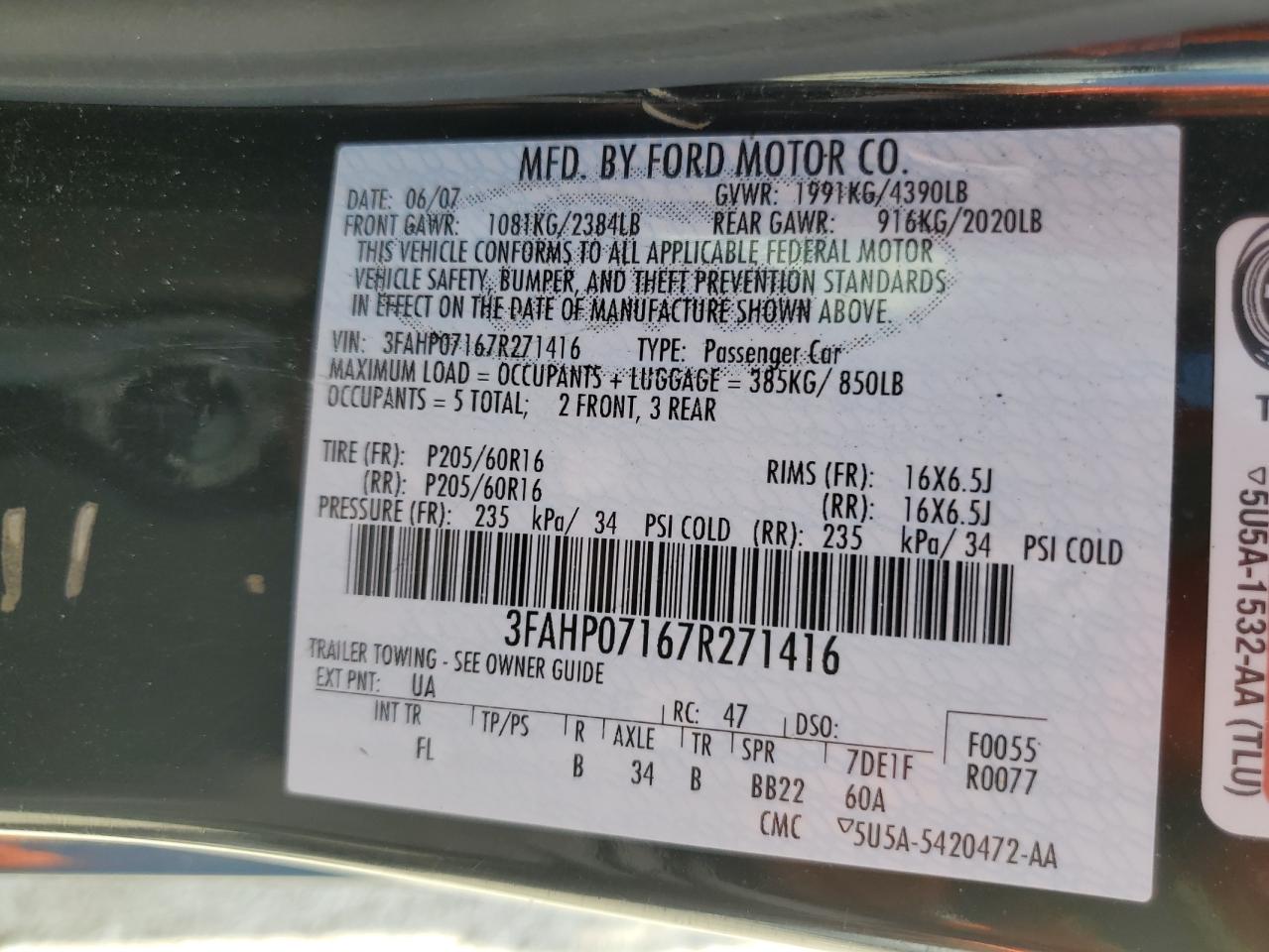 3FAHP07167R271416 2007 Ford Fusion Se