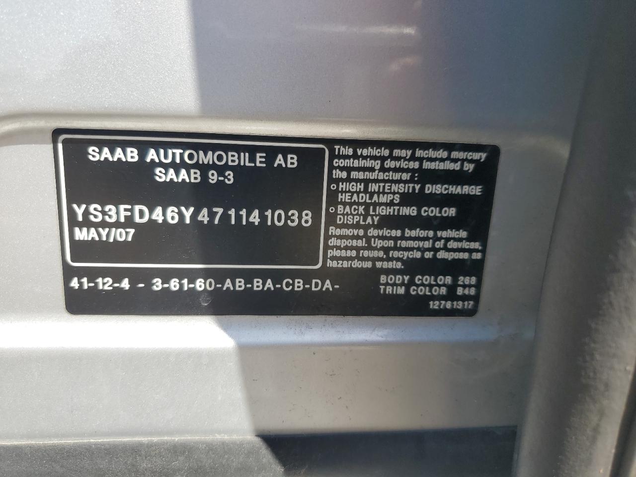 YS3FD46Y471141038 2007 Saab 9-3 2.0T