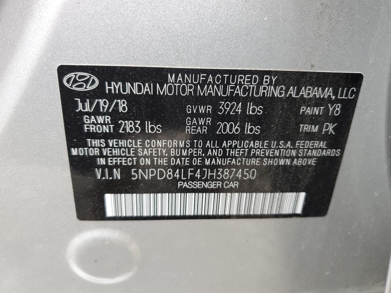 5NPD84LF4JH387450 2018 Hyundai Elantra Sel