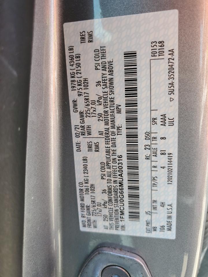 1FMCU0G66MUA00316 2021 Ford Escape Se