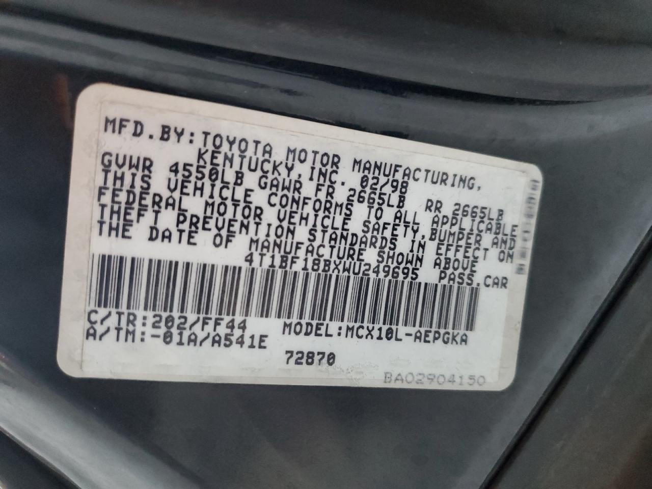 4T1BF18BXWU249695 1998 Toyota Avalon Xl