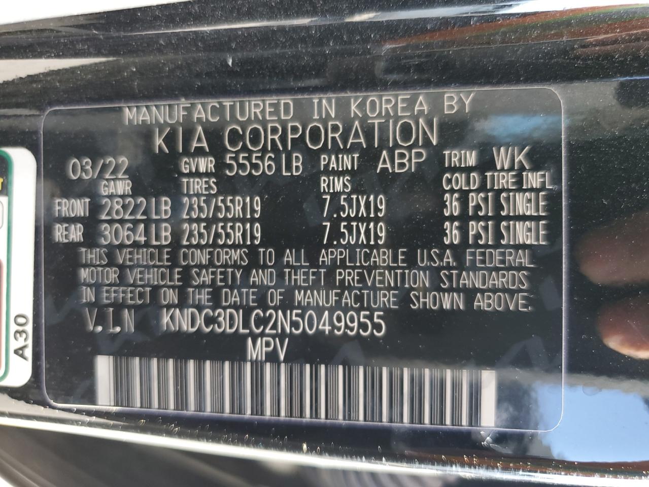 KNDC3DLC2N5049955 2022 Kia Ev6 Light