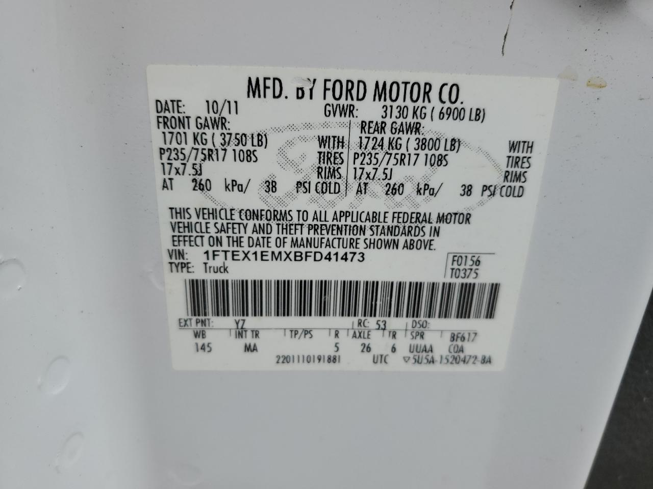 1FTEX1EMXBFD41473 2011 Ford F150 Super Cab