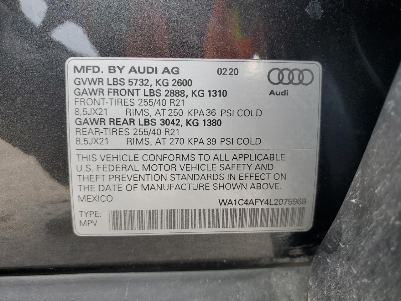 WA1C4AFY4L2075968 2020 Audi Sq5 Prestige