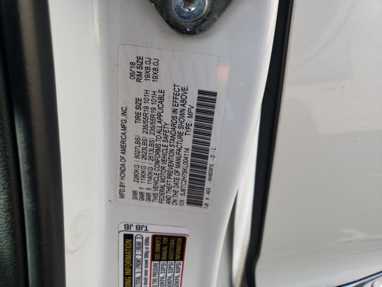 5J8TC2H75KL004114 2019 Acura Rdx Advance