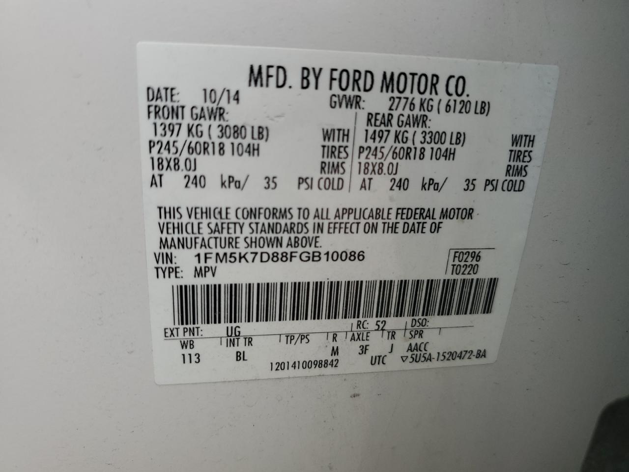 1FM5K7D88FGB10086 2015 Ford Explorer Xlt