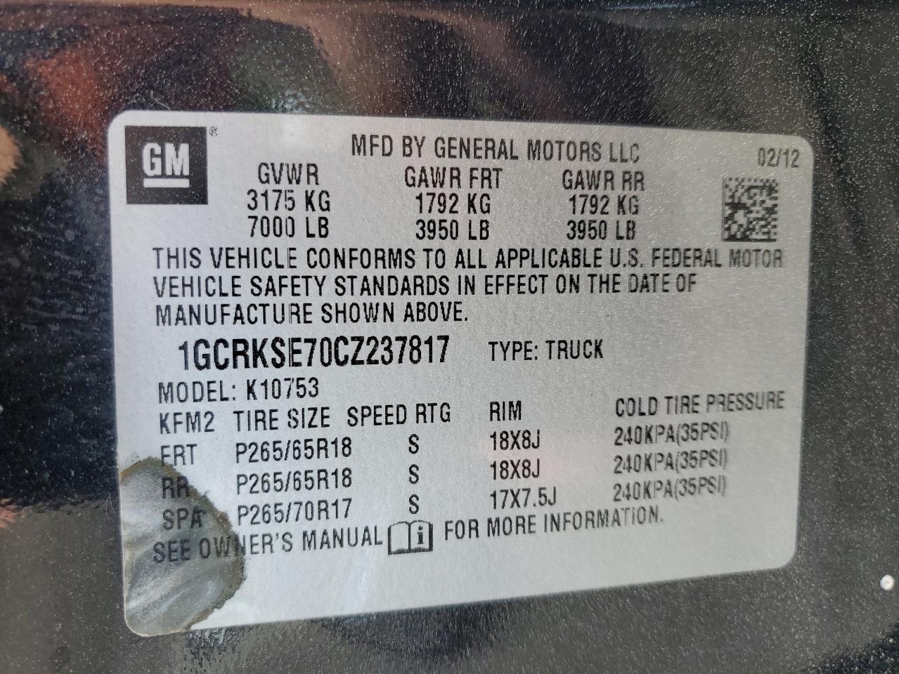 1GCRKSE70CZ237817 2012 Chevrolet Silverado K1500 Lt