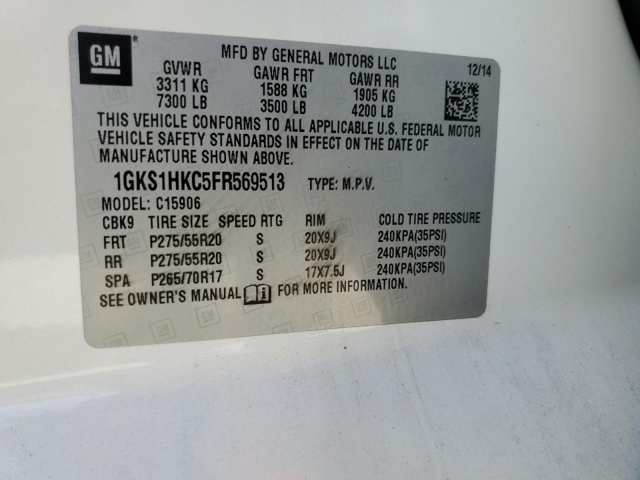 1GKS1HKC5FR569513 2015 GMC Yukon Xl C1500 Slt