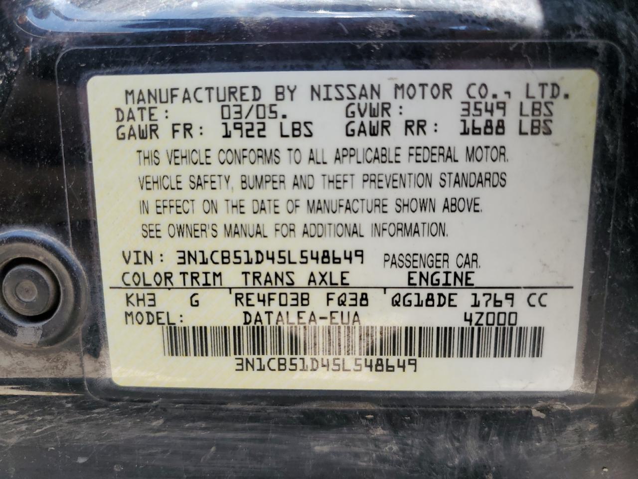 3N1CB51D45L548649 2005 Nissan Sentra 1.8
