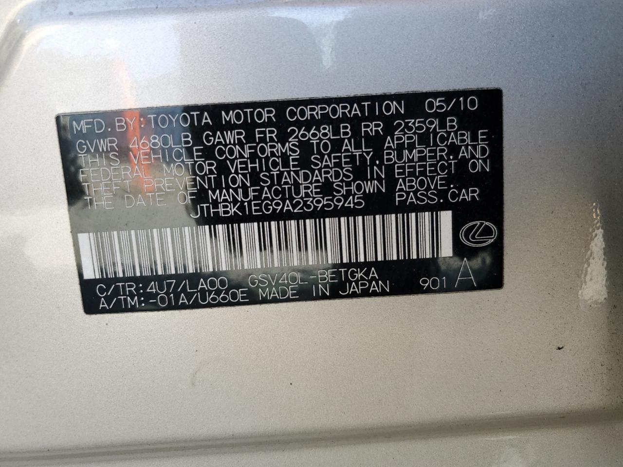 JTHBK1EG9A2395945 2010 Lexus Es 350