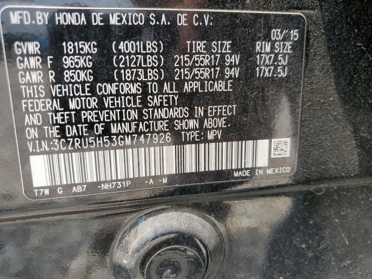 3CZRU5H53GM747926 2016 Honda Hr-V Ex