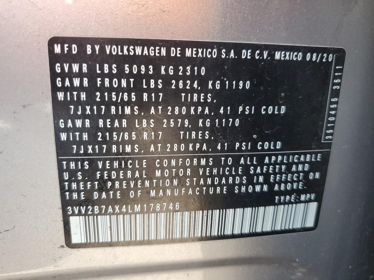 3VV2B7AX4LM178746 2020 Volkswagen Tiguan Se