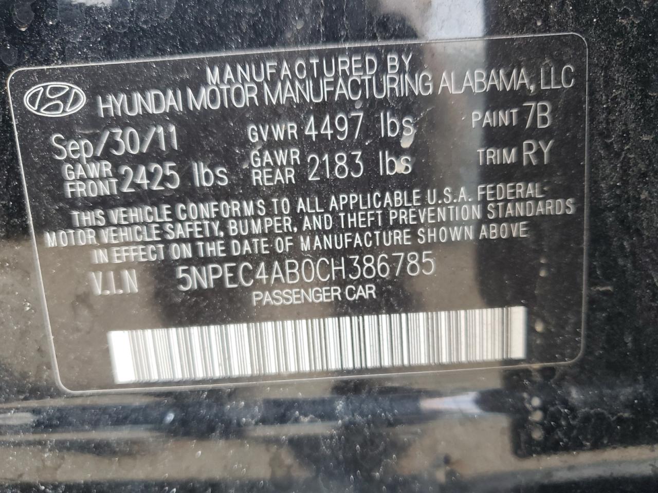 5NPEC4AB0CH386785 2012 Hyundai Sonata Se