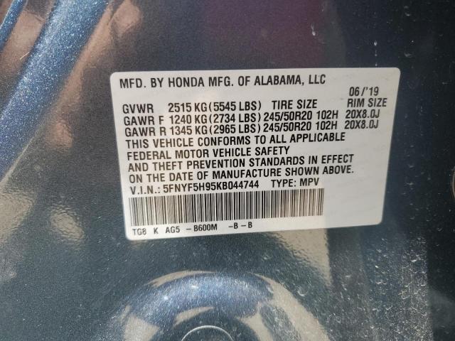 2019 Honda Pilot Touring VIN: 5FNYF5H95KB044744 Lot: 54310444