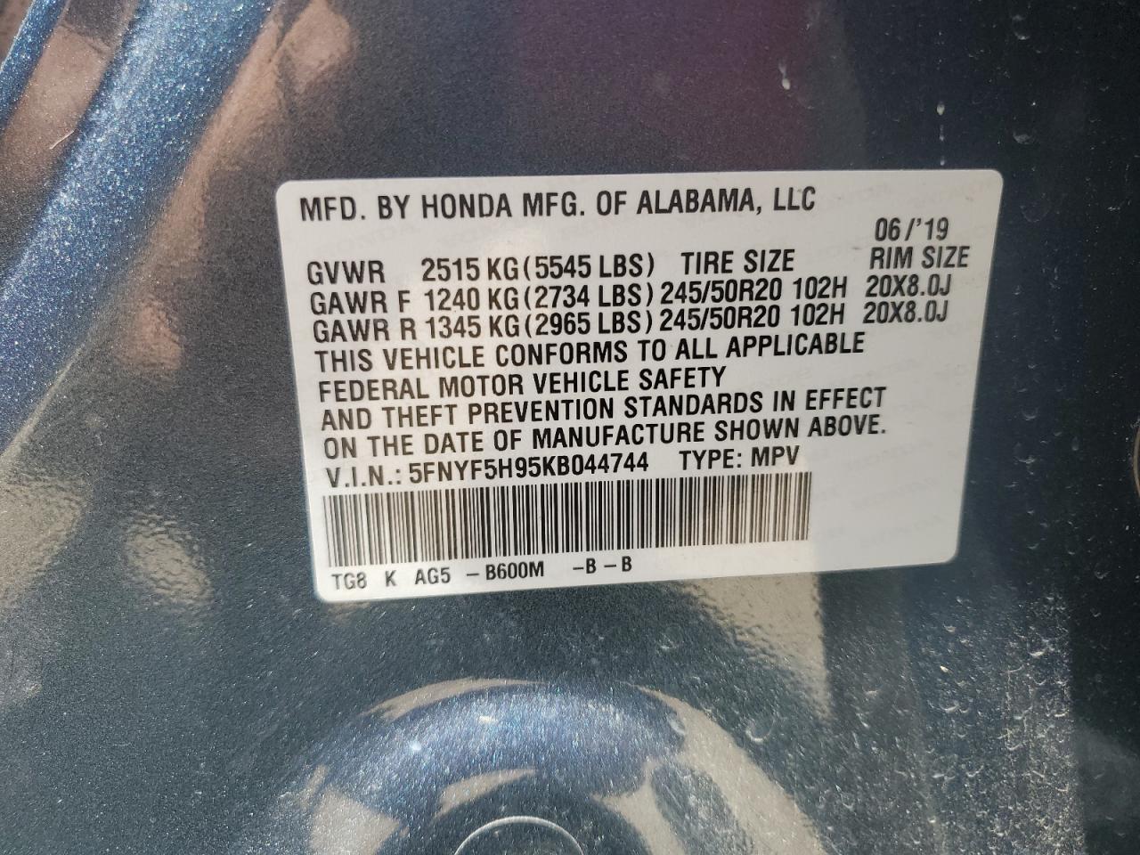 5FNYF5H95KB044744 2019 Honda Pilot Touring